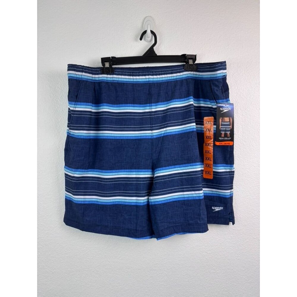 Speedo men's XXL navy striped tech volley swim trunks shorts lined‎ 8" inseam